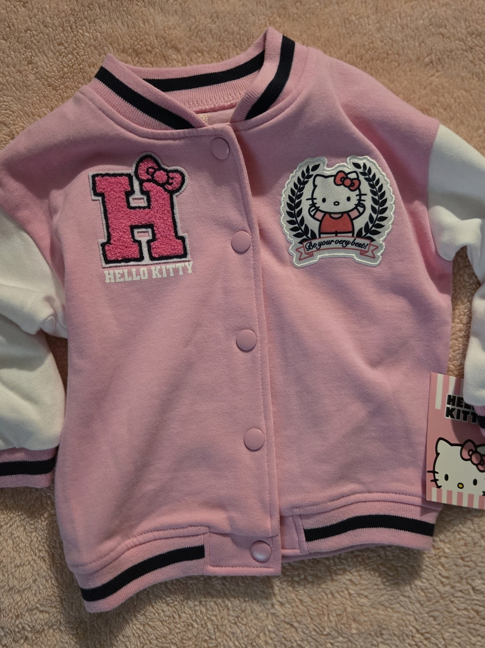 Hello Kitty Pink White Varsity-Style Snap Front Jacket